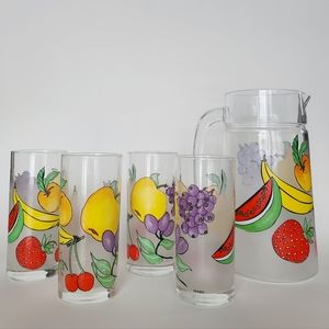 🍉Vintage French Frosted Glass Fruit  Punch Set - 1 Pitcher and 4 Glasses